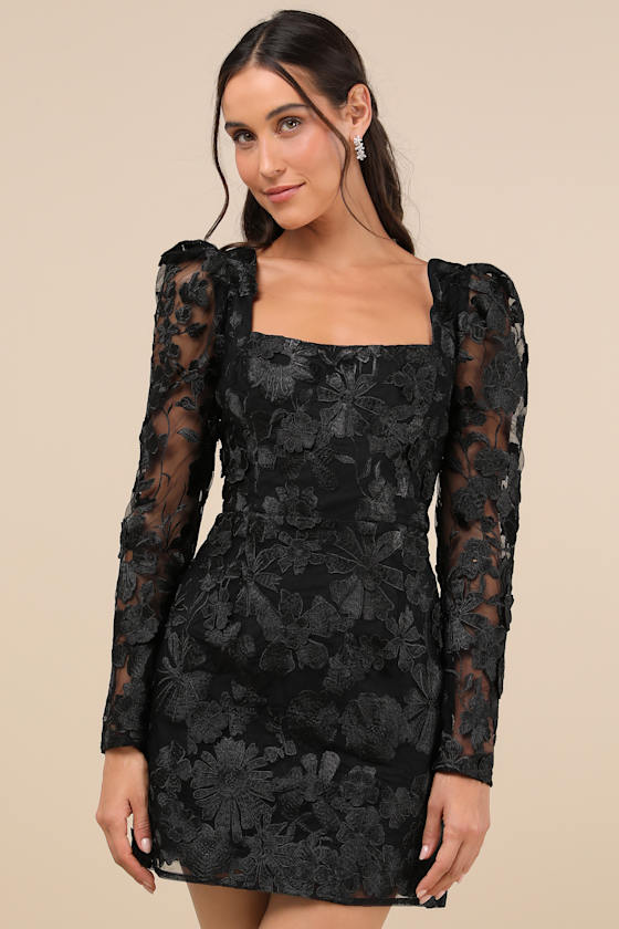 Masterfully Eloquent Black 3D Floral Mini Dress