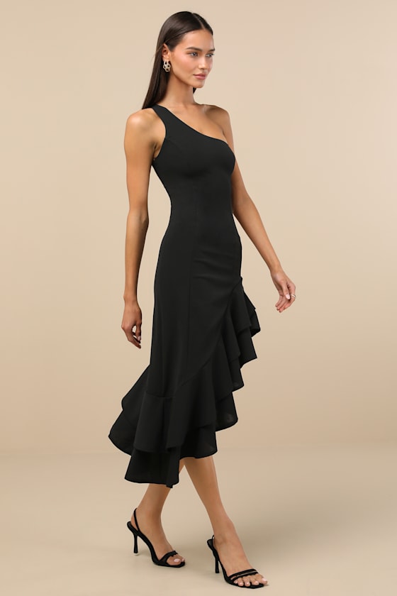 Steal a Glance Black One-Shoulder Asymmetrical Midi Dress