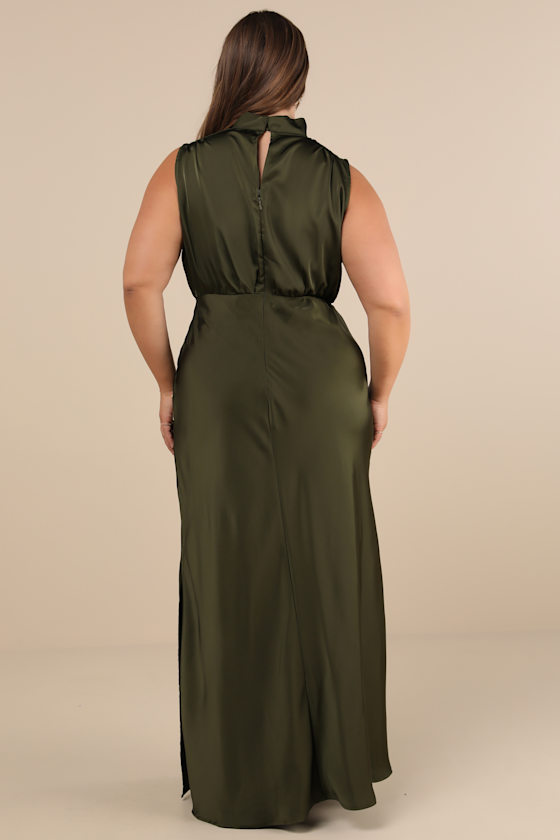Classic Elegance Olive Satin Sleeveless Mock Neck Maxi Dress