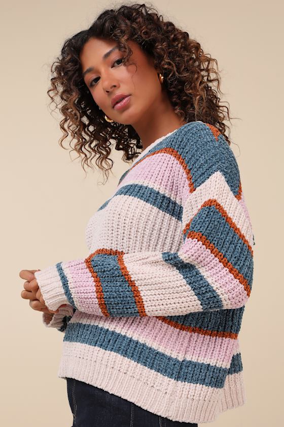 Coziest Cuddles Ivory Multi Striped Chenille Sweater