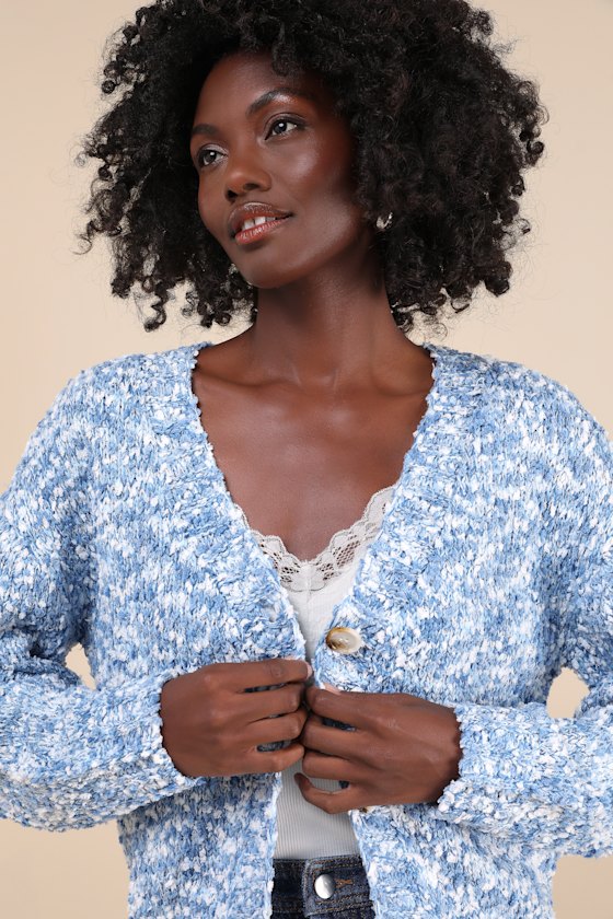 Curated Coziness Blue and White Boucle V-Neck Cardigan