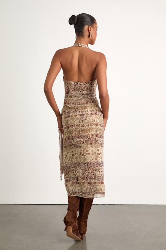 Francine Beige Multi Boho Print Halter Midi Dress