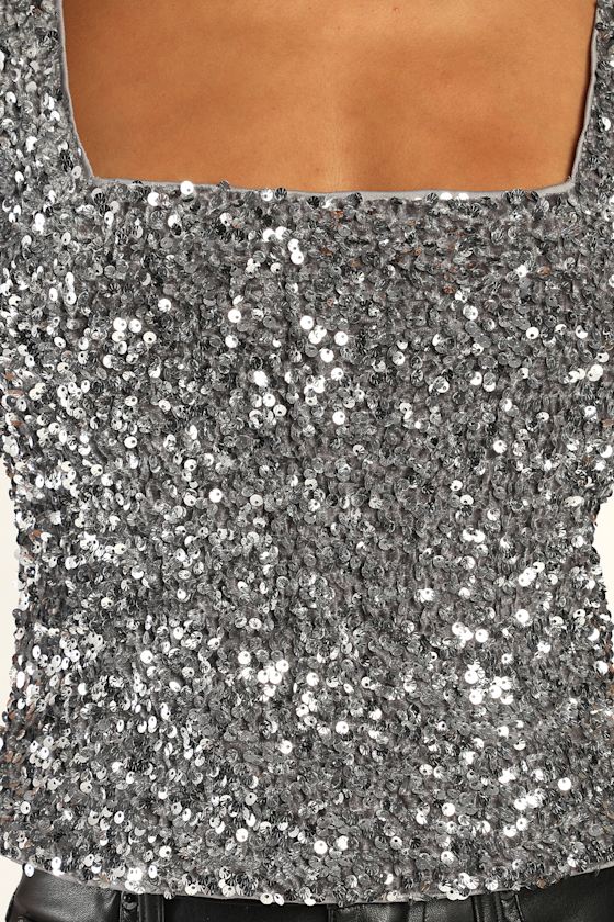 Sparkling Marvel Silver Sequin Square Neck Crop Top