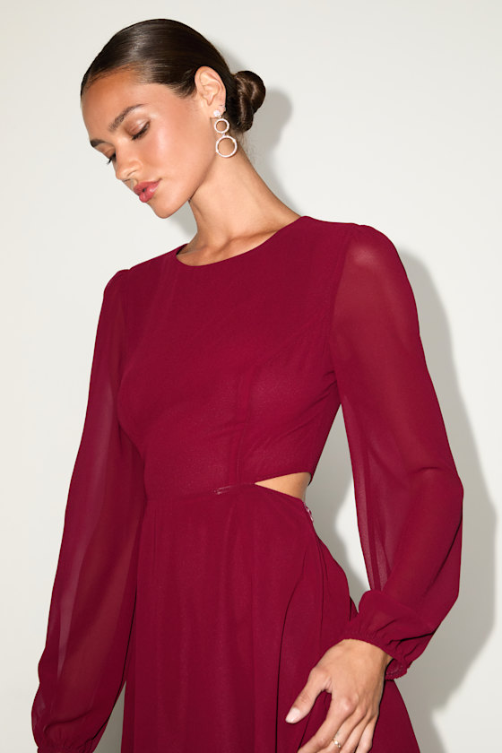 Garden Bliss Wine Red Long Sleeve Cutout Mini Dress