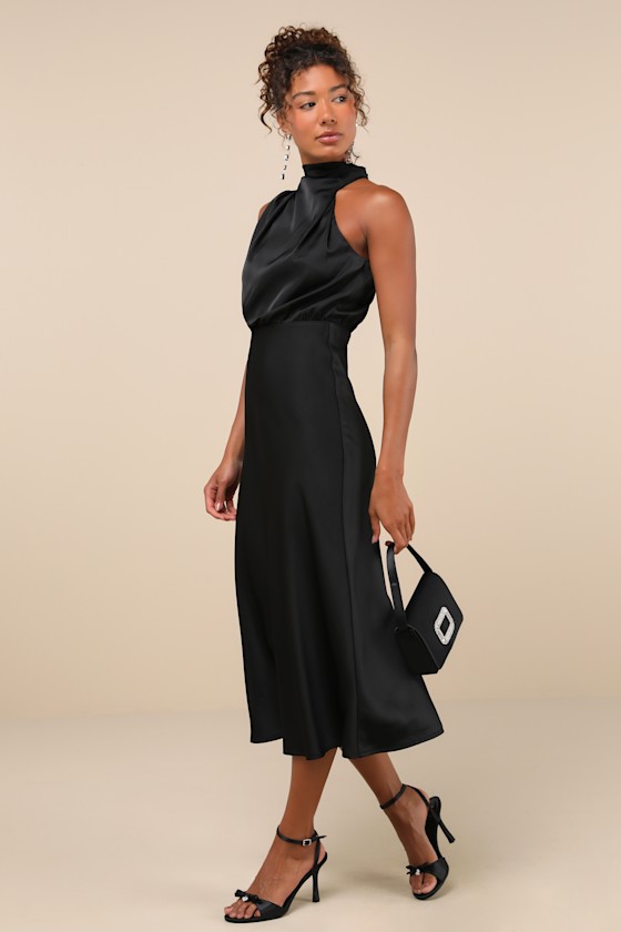 Distinctive Charm Black Satin Asymmetrical Midi Dress