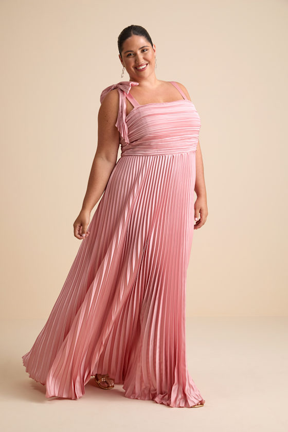 Gorgeous Purpose Pink Satin Pleated Sleeveless Bow Maxi Dress