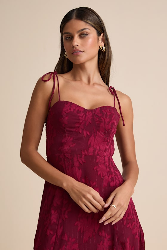 Loveliest Looks Burgundy Floral Jacquard Tie-Strap Midi Dress