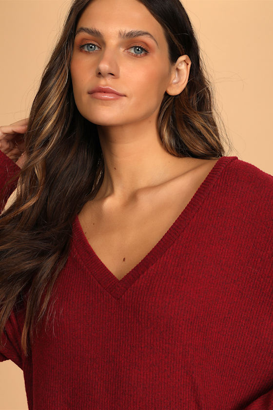 Just Vibing Wine Red Ribbed V-Neck Sweater Top