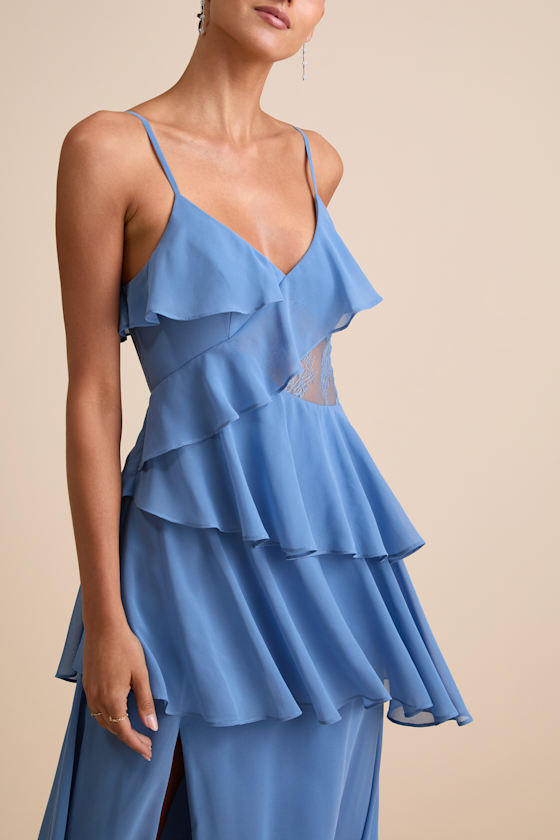 Dalena Dusty Blue Ruffled Lace Maxi Dress