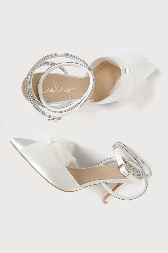 Lelanee White Satin Rhinestone Bow Ankle Strap Pumps