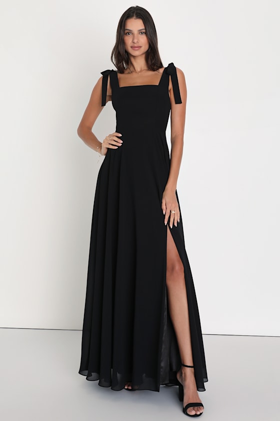 Love Me Forever Black Tie-Strap Square Neck Maxi Dress