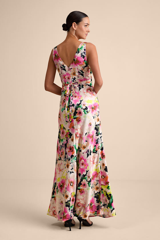 Solaina Pink and Black Multi Floral Satin Lace Maxi Dress