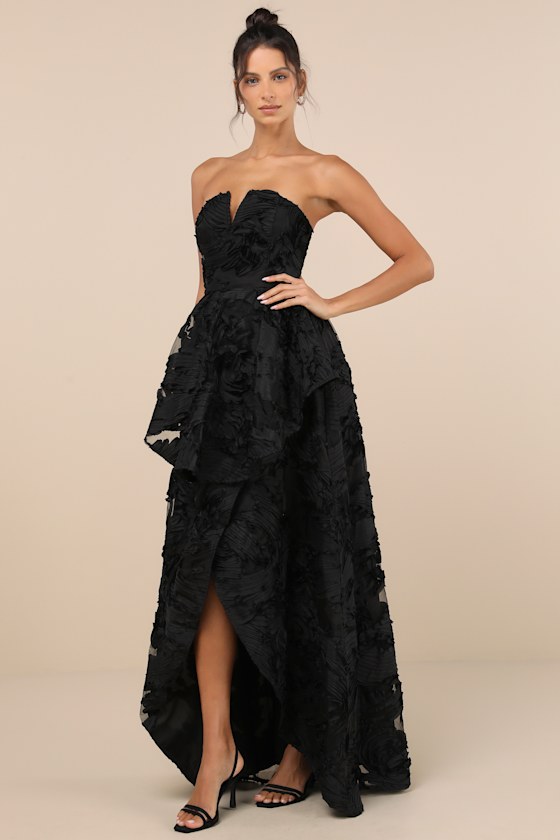 Majestic Glam Black Strapless Textured High-Low Maxi Dress
