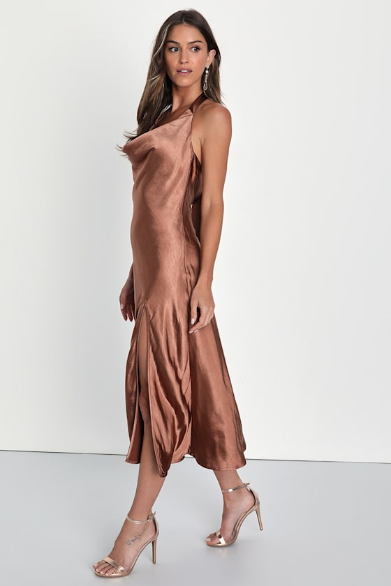 Sophisticated Impression Brown Satin Backless Cowl Midi Dress