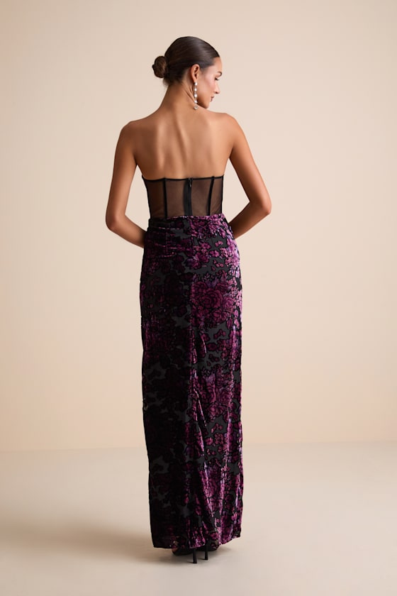 Breathtaking View Black Mesh Burnout Velvet Strapless Maxi Dress