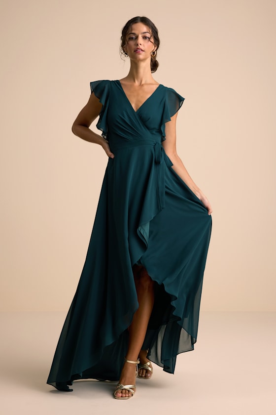 Ravishing Charm Emerald Ruffled Wrap High-Low Maxi Dress