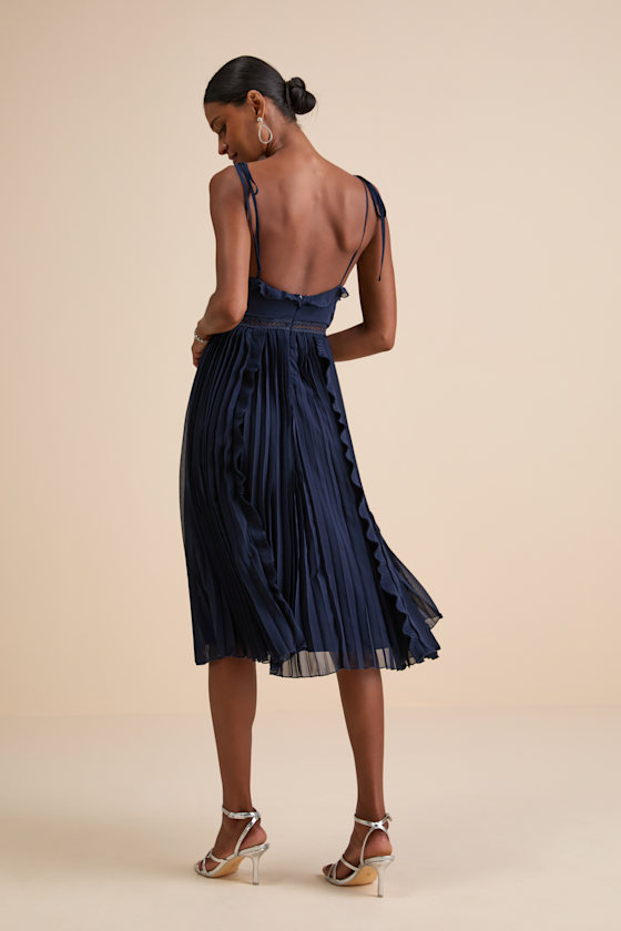 Never a Dull Moment Navy Tie-Strap Pleated Midi Dress
