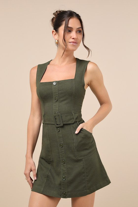Modern Composure Olive Linen Belted Mini Dress With Pockets