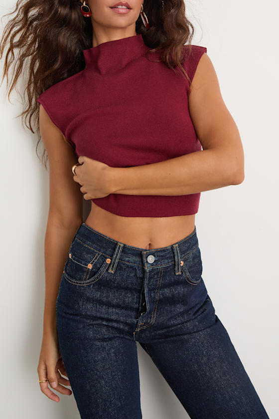 Suki Wine Red Mock Neck Cap Sleeve Sweater Top