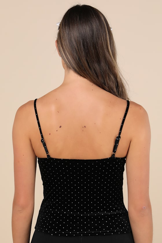 Flirty Shimmer Black Polka Dot Velvet Rhinestone Bow Bustier Top