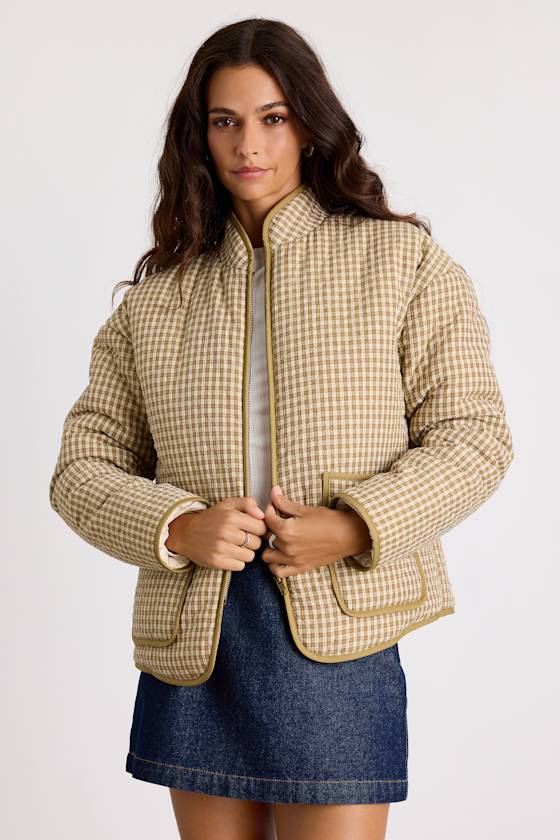 Bundled Perfection Olive Plaid Quilted Puffer Jacket