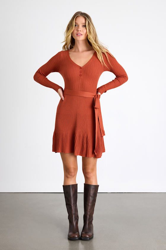 Cozy Poise Rust Orange Henley Long Sleeve Mini Sweater Dress