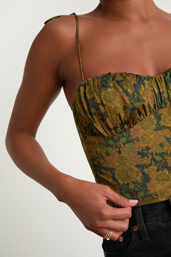 Raissa Olive Green Floral Satin Tie-Strap Crop Top