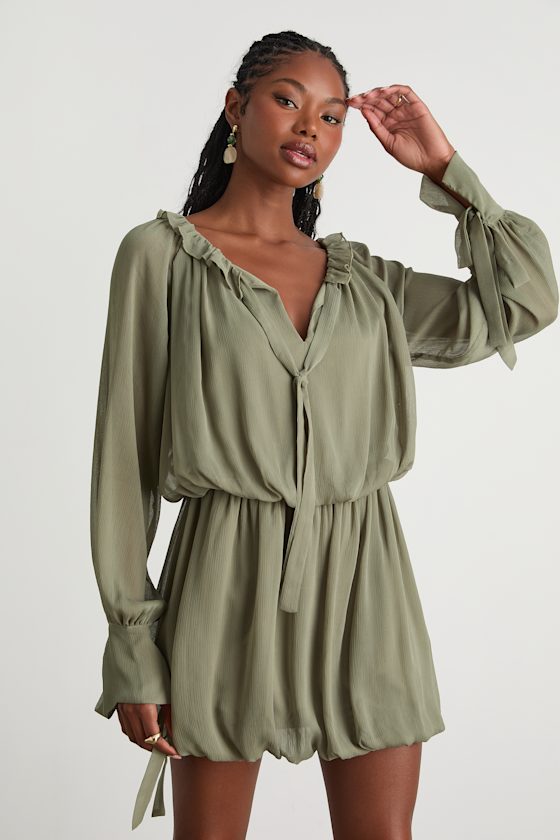 Kezzy Light Olive Ruffled Long Sleeve Bubble-Hem Mini Dress