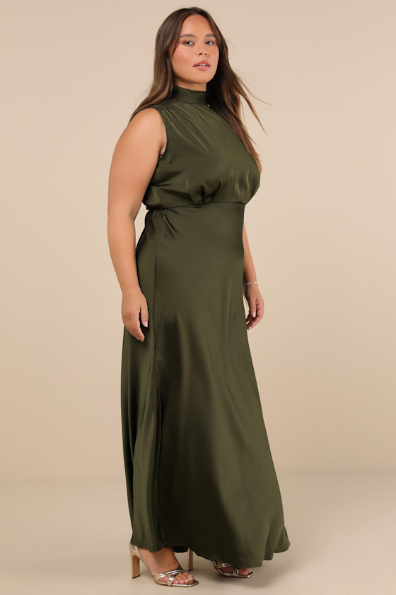 Classic Elegance Olive Satin Sleeveless Mock Neck Maxi Dress