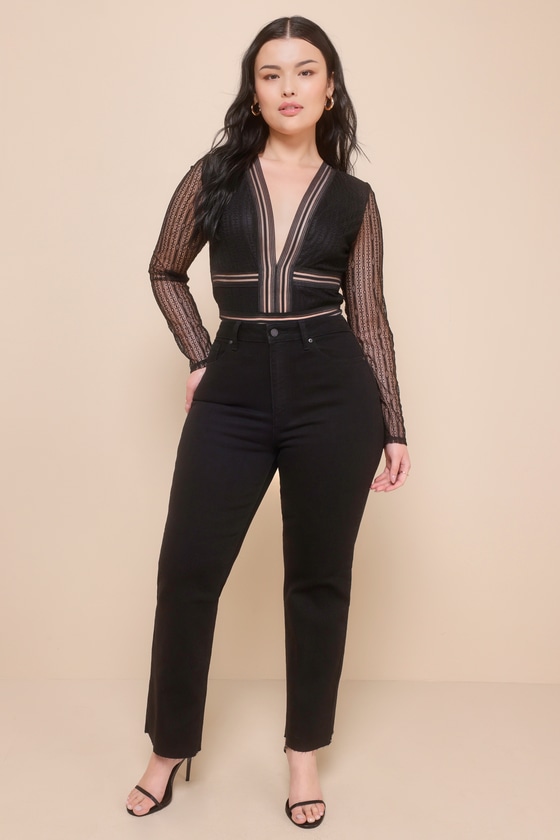 Casita Black Sheer Lace Long Sleeve Bodysuit