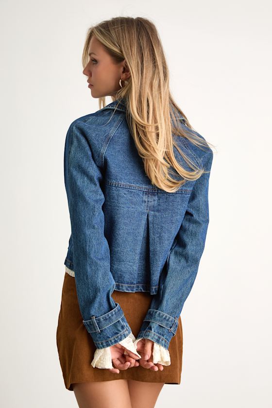 Abria Medium Wash Denim Double-Breasted Cropped Jacket