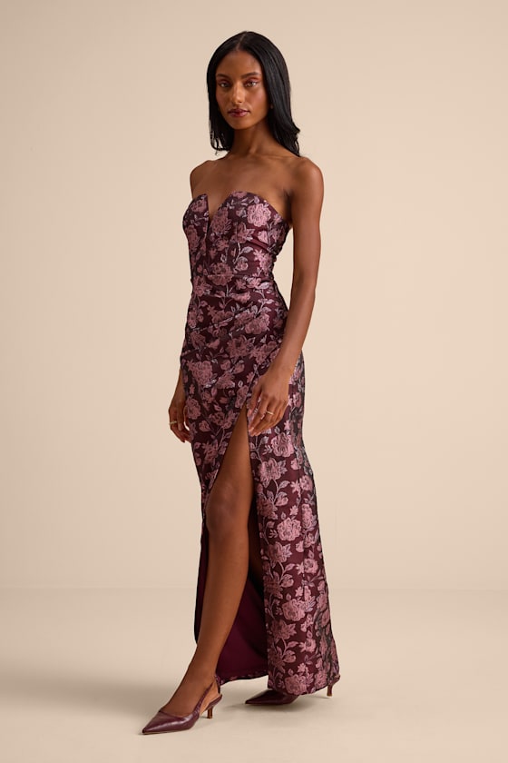 D’Amore Plum Floral Jacquard Strapless Tulip Maxi Dress