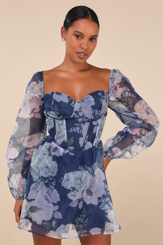Positively Enchanting Blue Floral Organza Bustier Mini Dress