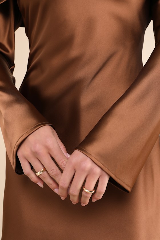 Luxurious Vision Brown Satin Off-the-Shoulder Mini Dress