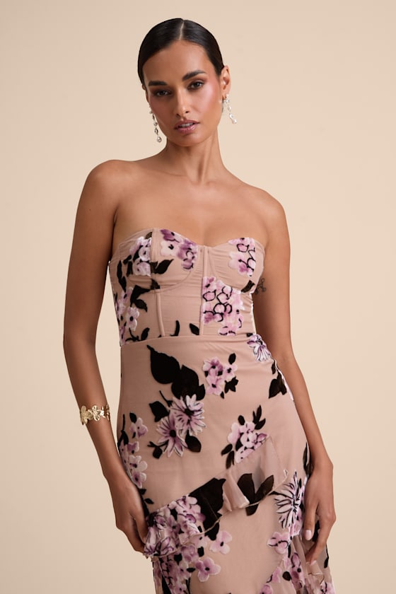 Chelisa Beige Floral Ruffled Strapless Bustier Maxi Dress