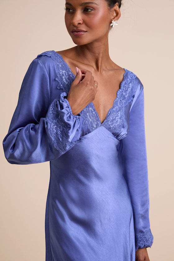 Illustrious Elegance Periwinkle Satin Long Sleeve Midi Dress