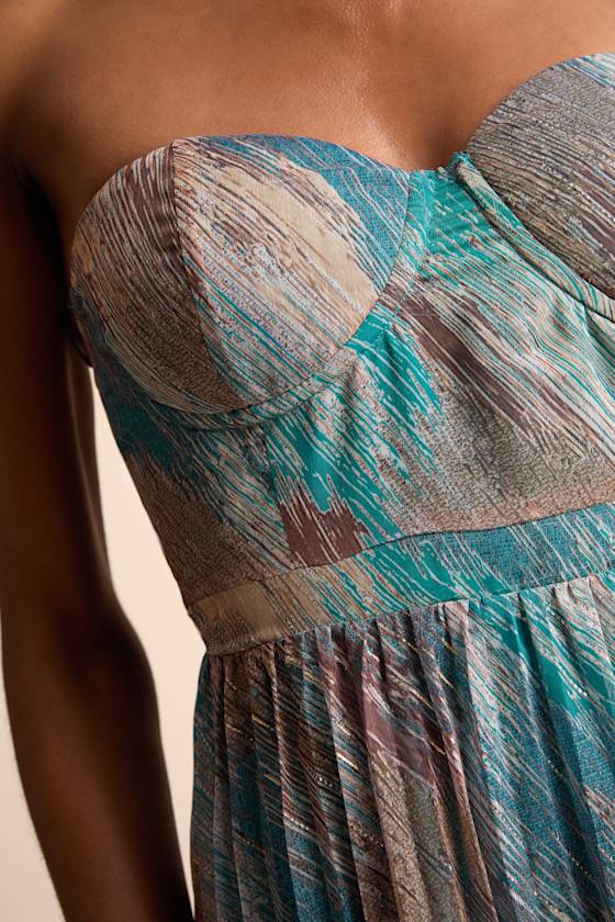 Juniva Teal Multi Abstract Print Pleated Bustier Midi Dress
