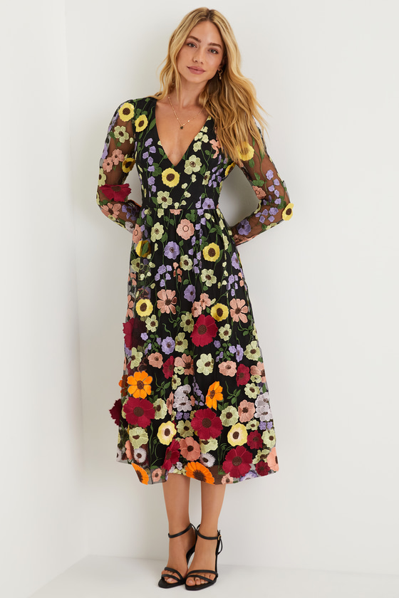 Impressive Blossom Black 3D Floral Embroidered Midi Dress