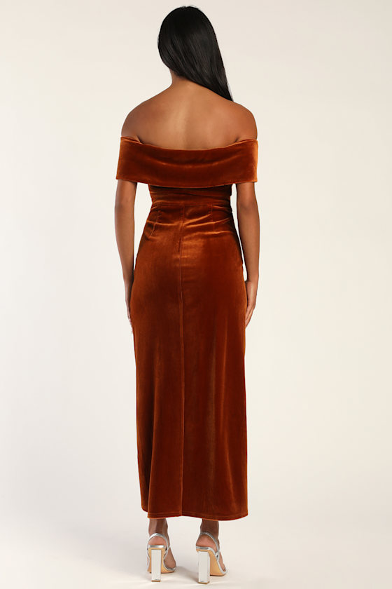 I'm Enchanted Rust Orange Velvet Off-the-Shoulder Maxi Dress