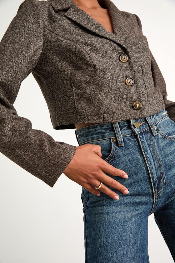 Lindy Brown Plaid Tweed Cropped Blazer