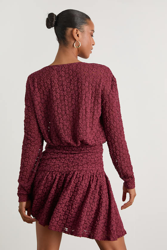 Zallie Wine Red Textured Knit Ruched Long Sleeve Mini Dress
