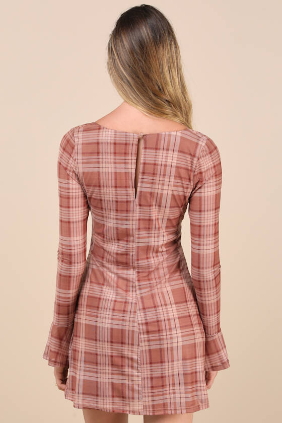 Especially Adored Light Brown Plaid Long Sleeve Mini Dress