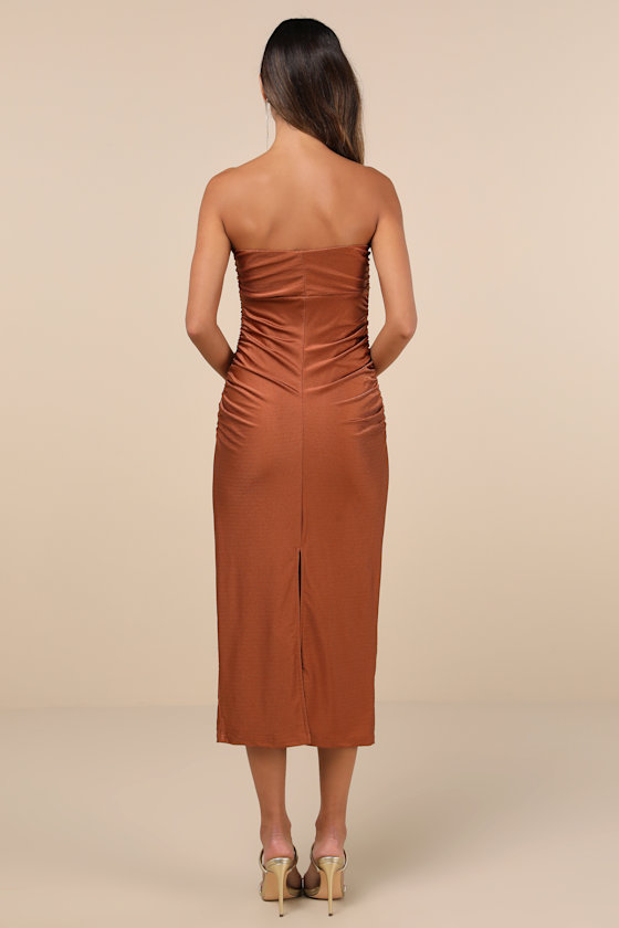 Gorgeous Reputation Copper Brown Strapless Ruched Midi Dress