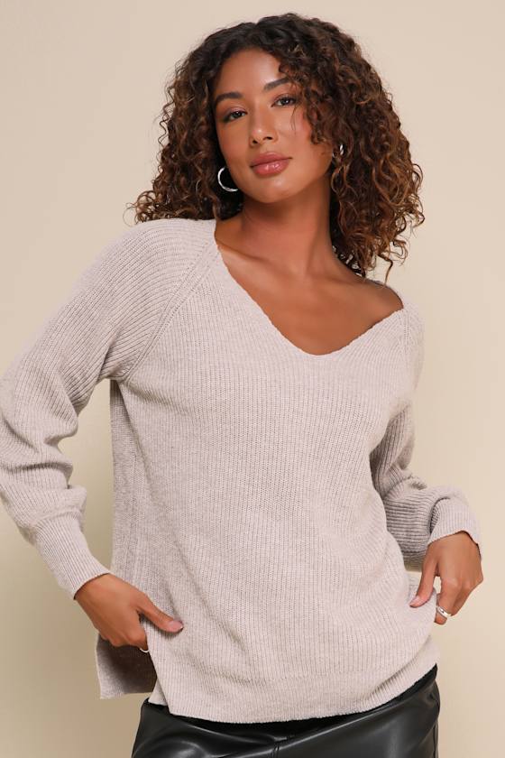 Cuddly Classic Heather Taupe Ribbed Knit Balloon Sleeve Sweater