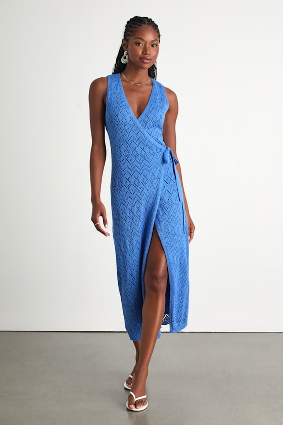 Kasper Blue Pointelle Knit Wrap Midi Dress