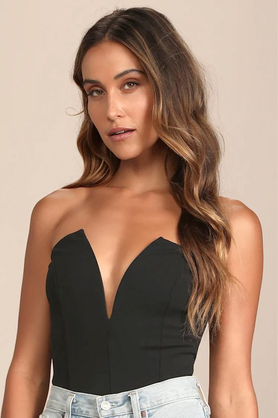 Babe Alert Black Notched Strapless Bodysuit