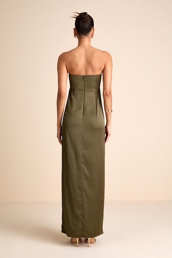 Memorable Entrance Olive Green Strapless Satin Maxi Dress