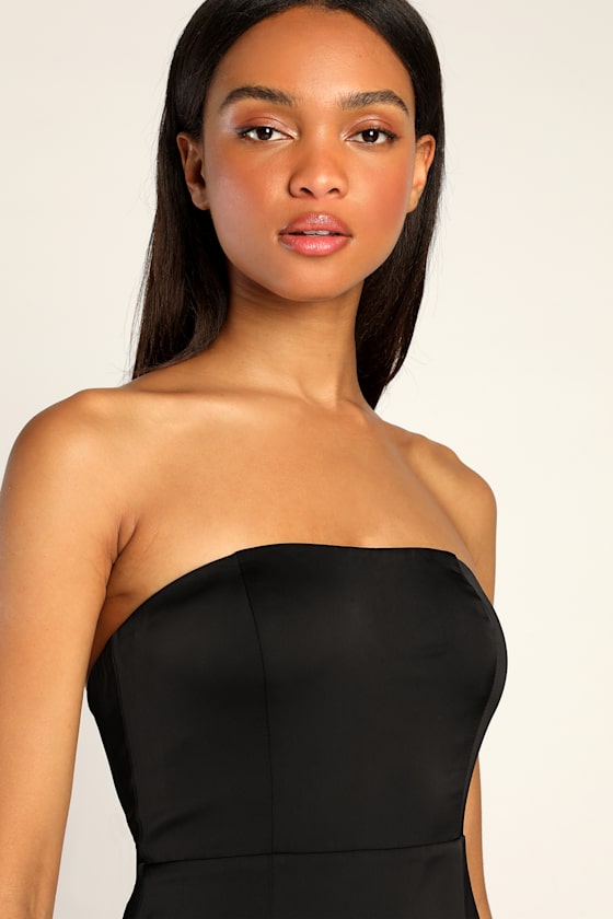 Blissfully Beautiful Black Satin Strapless Tiered Maxi Dress