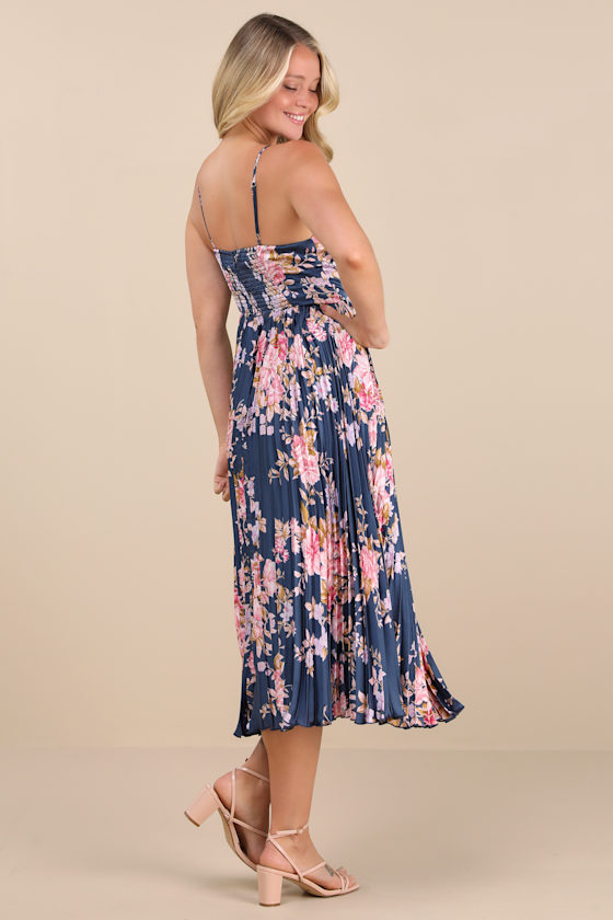 Francette Navy Floral Satin Pleated Midi Dress