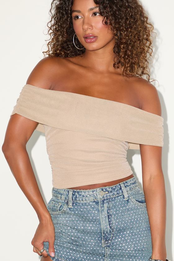 Korene Taupe Mesh Ruched Off-The-Shoulder Top